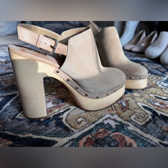 Vince Camuto Shoes - Vince Camuto Taupe Suede Platform Clogs with Studded Trim